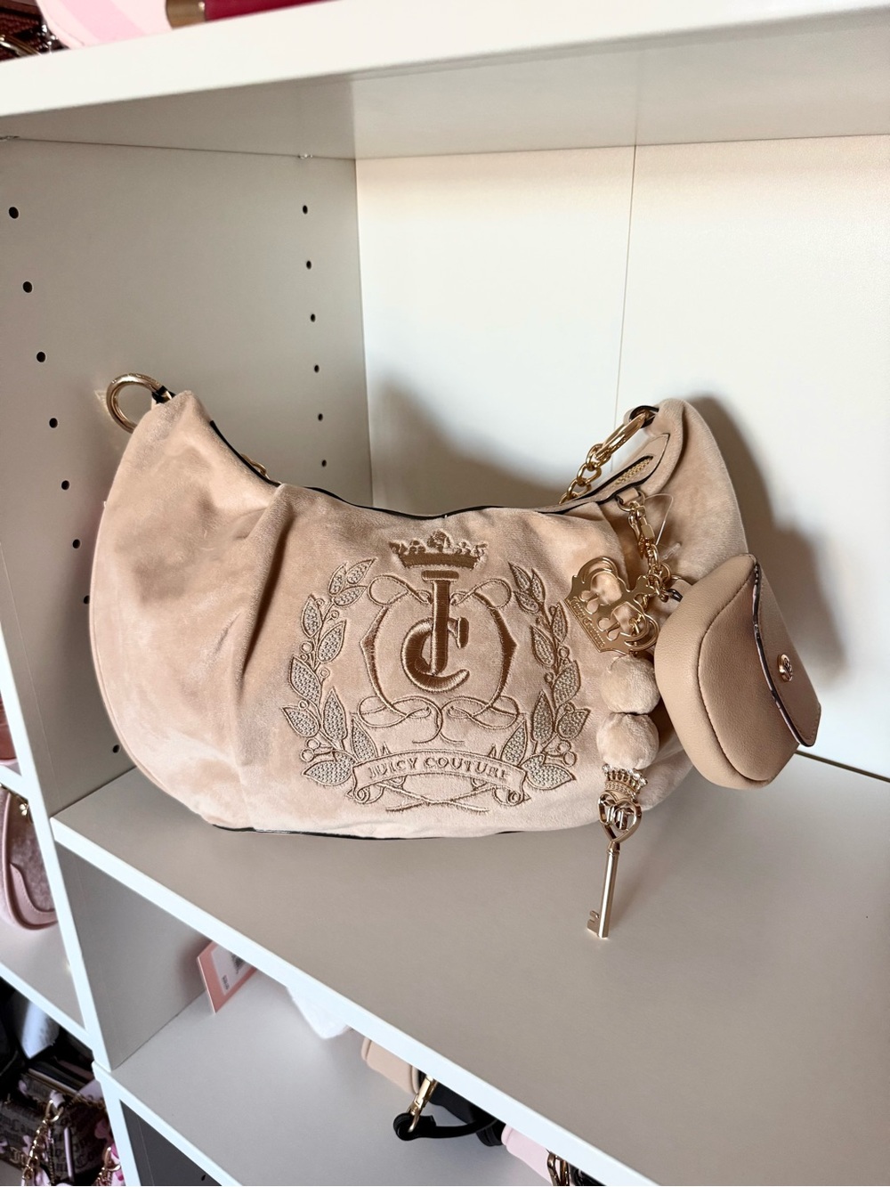 Juicy Couture “Sparkle Royal” Beige Suede Hobo Bag with Charm